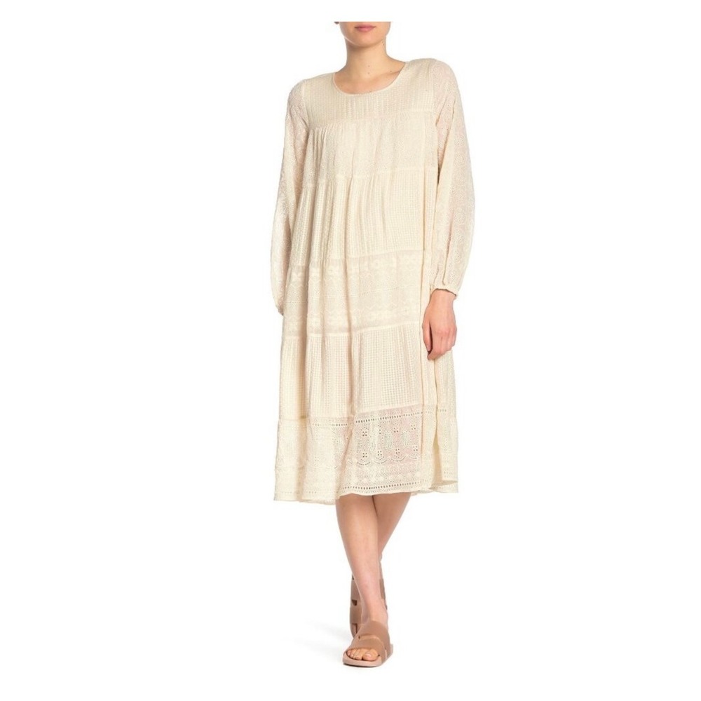Free People Eyelet Lace Midi Dress Womens XS Ivory Boho Tiered Long Sleeve